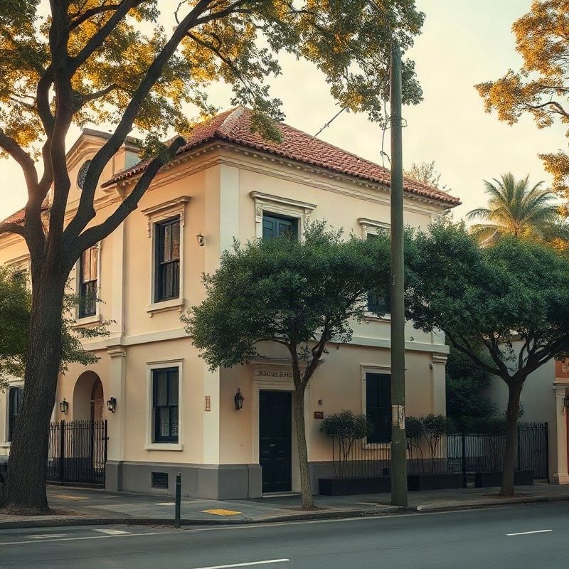 Historic Porto Alegre townhouse on a tree-lined street in warm amber-gold afternoon light