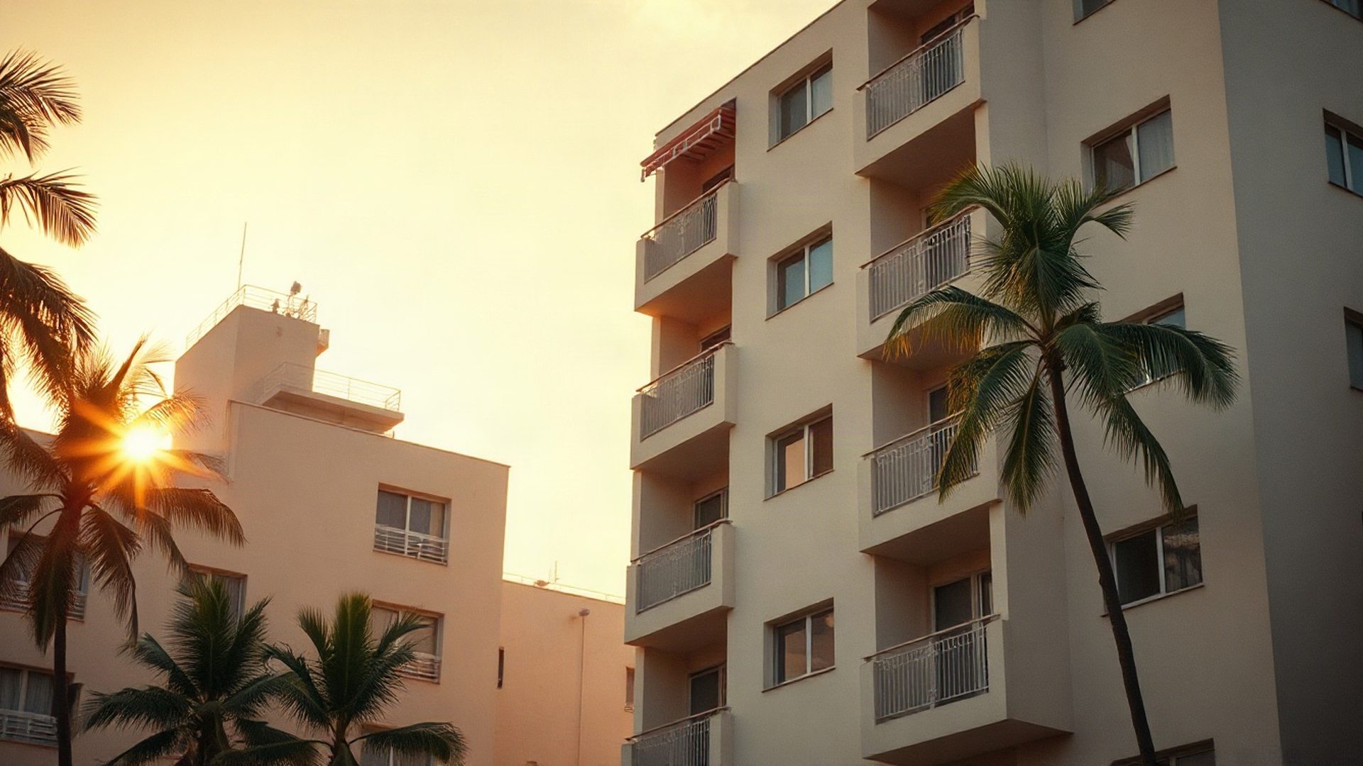 Modernist apartment facade in Porto Alegre bathed in amber-gold afternoon light