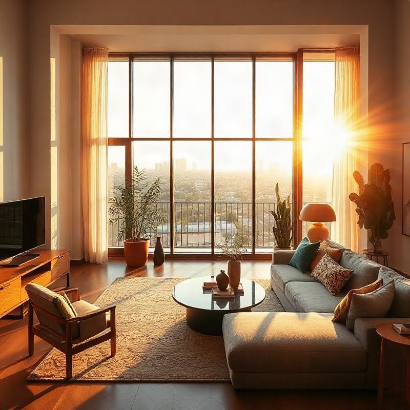 Curated Porto Alegre penthouse interior with amber-gold sunlight through floor-to-ceiling windows