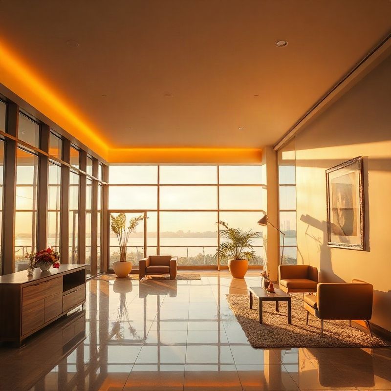 Welcoming Porto Alegre real estate office reception with amber-gold lighting and Guaíba waterfront view