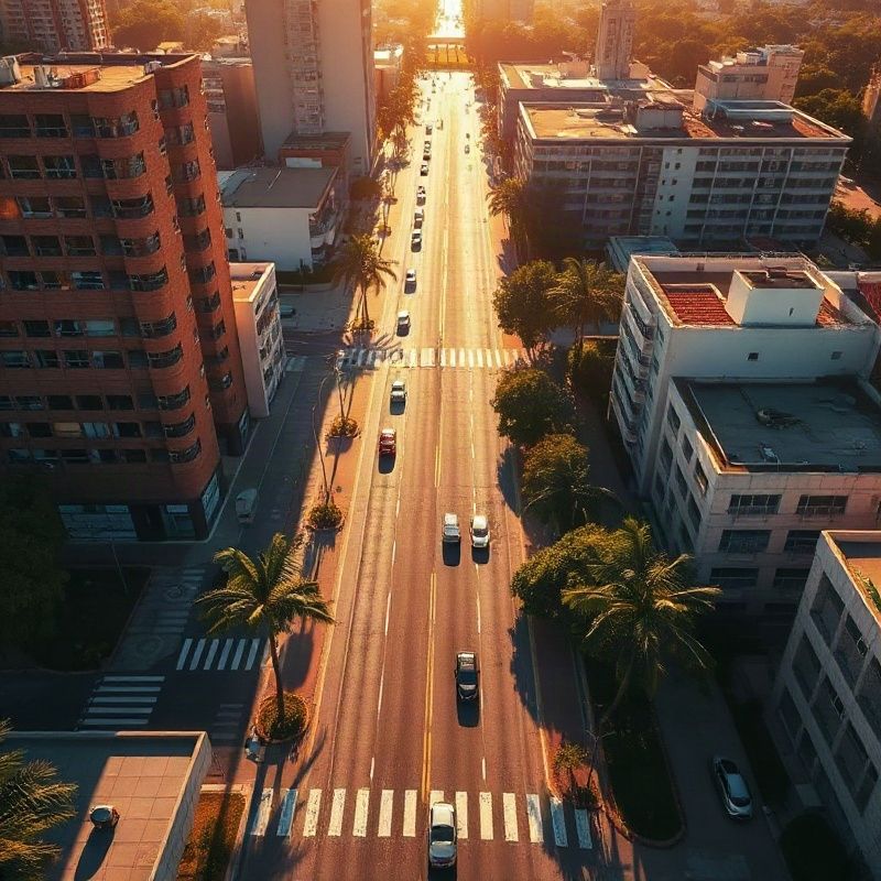 Aerial view of the Av. Ipiranga district in Porto Alegre in warm amber-gold sunlight