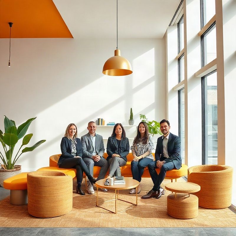 Mintxpanda team of five in a bright Porto Alegre office with amber-gold accents